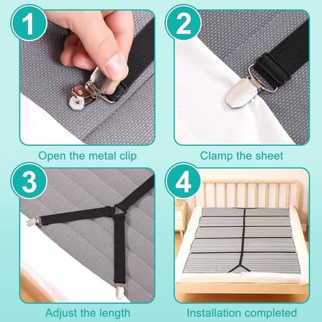 Adjustable Sheet Straps for Sheets, Elastic Adjustable Sheet Straps with Metal Clips, Holder Straps, Sheet Fasteners for All Beds
