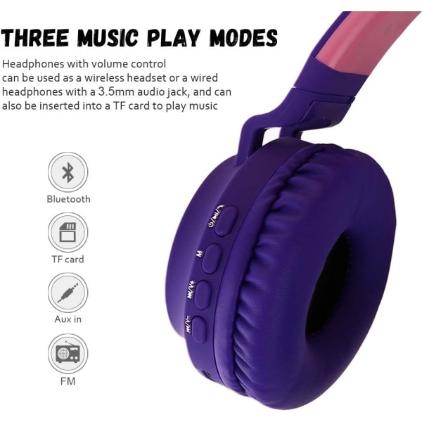 Kids Bluetooth 5.0 Cat Ear-hodetelefoner Sammenleggbare On-Ear Stereo Wireless Headset med Mic LED-lys og volumkontrollstøtte TF Card Aux (blå)