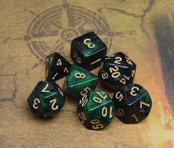 Flersidet DND Terningesæt Glitterterninger til Dungeons and Dragons RPG Grønne Blandede Sorte Nebulafarvede Terninger