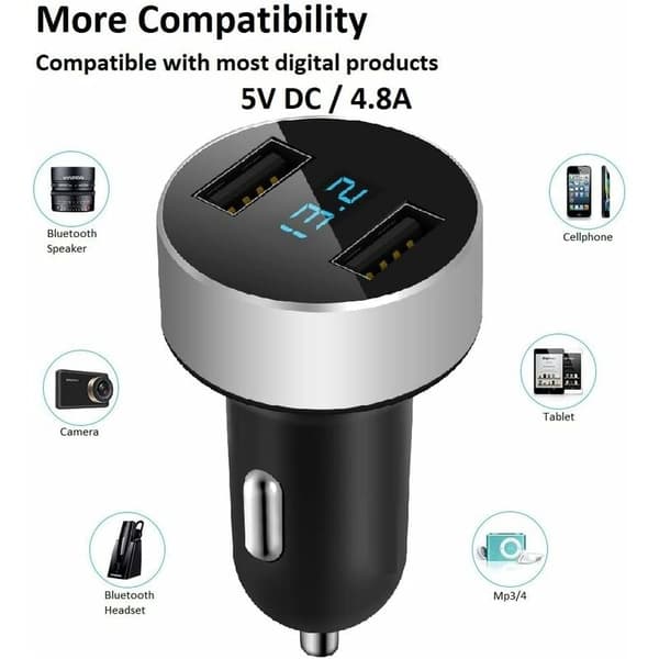 Mini billader - 2 USB-porter, 3.0 A/V hurtiglading, tellefunksjon, LED-batterinivåindikator - universal