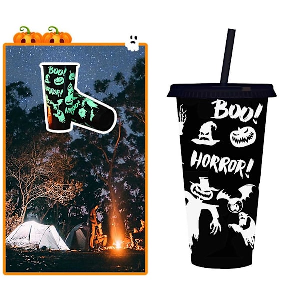 Halloween Straw Cup med Lopp, Gjenbrukbar Plastkopp, Lysende Drikkkopp