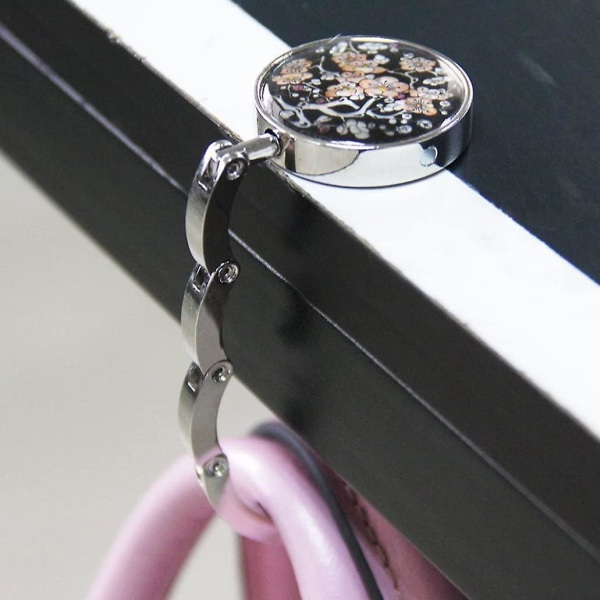 Rund sammenleggbar veskekrok Veskehengerholder for bord og skrivebord med magnetisk design Plommeblomstmønster, legeringskrok (2 stk, sølv, som vist)