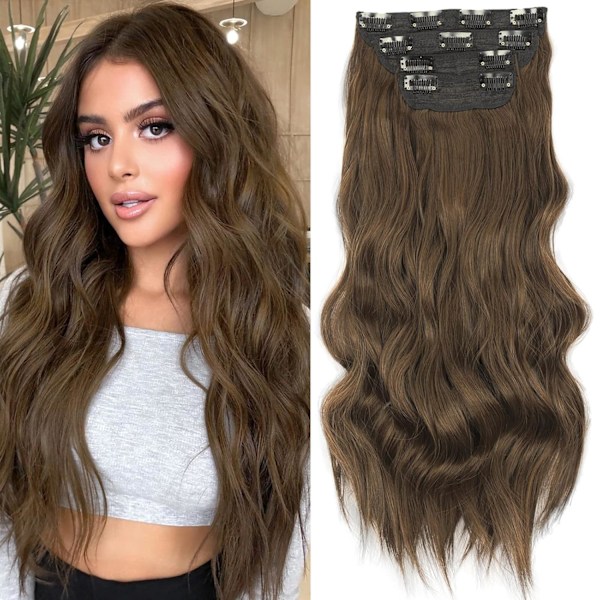 4 stk. Clip-in Lange Myke Glam Waves Tykke Hårdeler 16 tommer Sjokoladebrune Hår Extensions Syntetisk Fiber Dobbel Weft Hår for Kvinner Fullt Hode