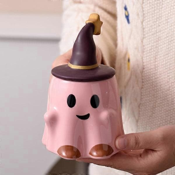 Halloween Ghost Ceramic Mug, Novelty Themed Mug, 401-500ml Halloween Coffee Mug with Lid - Friendly Ghost (Pink) Pink