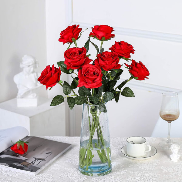 12-pack Konstgjorda röda rosor Blommor Siden Realistiska blommande rosor Brudbröllopsbukett Lång stjälk för hembröllopsdekoration Festas red