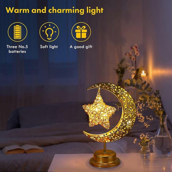 Stjernebordslampe, Ramadan halvmånelampe, batteridrevet, metall Ramadan stjernelampe, stjernelampe, Eid-dekorasjon