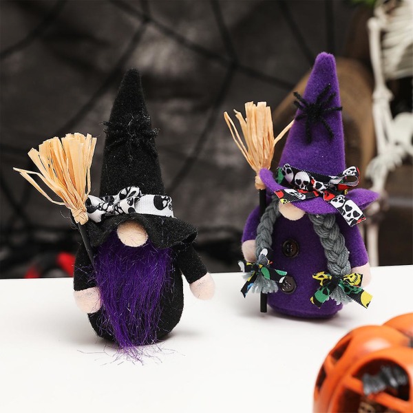 Halloween kvast Hög hatt Häxa Dvärg Gnome Docka Prydnad Söt tecknad dvärg Tomte Heminredning Halloween Firande Lila
