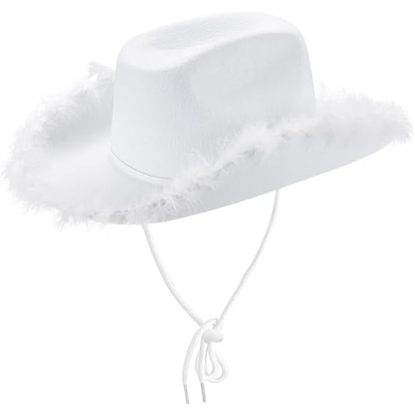 Cowboyhattar för kvinnor, vit cowgirlhatt med fluffig fjäderkant, cowgirlhatt för kostymfest, lek och klä upp dig