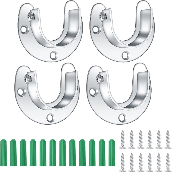 4 Packs Curtain Rod Bracket, 25mm/1 Inch Stainless Steel Closet Pole Sockets, Closet Rod U Shaped Flange Rod Support