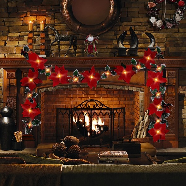 9,8 fot upplyst julstjärna julgirland ljusslingor med röda bär och järnek blad, förbelyst sammet konstgjord julstjärna krans för dekoration