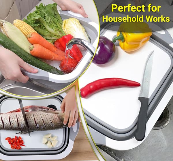 3-in-1 Foldable Cutting Board - Kitchen Tub with Sink & Drain - Space-Saving, Portable for Kitchen, Camping (1 pc, Grey)