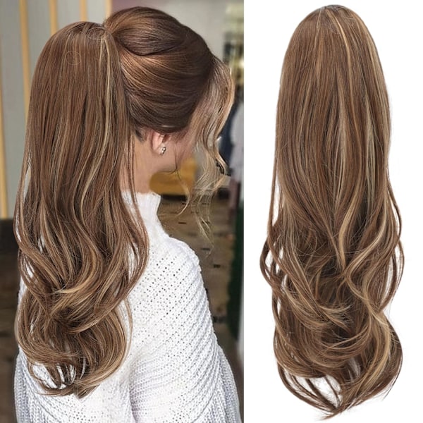 Hestehale Extensions, 55 cm Askeblond Miks Lys Brun Lang Snøring Bølgete Clip-in Hestehale Hår Extensions Lagdelt Syntetisk Hårdel for Kvinner