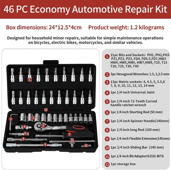 46 Pieces Cr-V Ratchet and Socket Set - 1/4\" 72 Teeth with Toolbox - Chrome Plated and Polished Car Mechanic Tools