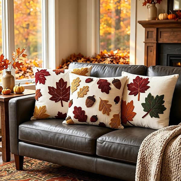 Autumn Halloween Tufted Pillow Cover Set 18x18 Inch, 3-Pack 3D Embroidered Maple Leaf Acorn Pillowcases, Rustic Fall Harvest Decor A+B+C 3PCS A+B+C 3PCS