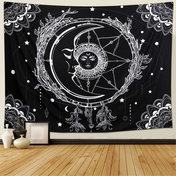 Sol og Måne Tapet Tarot Gobeleng Svart og Hvit Himmel