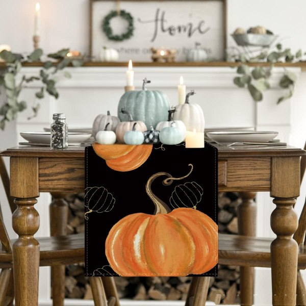 13 x 72 tommer Vandfarve Orange Græskar Hule Squash Thanksgiving Bordløber Sort, Sæsonbestemt Efterårshøst Halloween