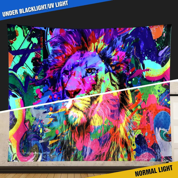 Blacklight Lion Tapestry Glow In the Dark, UV-reaktiva Black Light Posters Gobelänger för män Pojkar Rum Sovrum Estetisk Sovsal dec