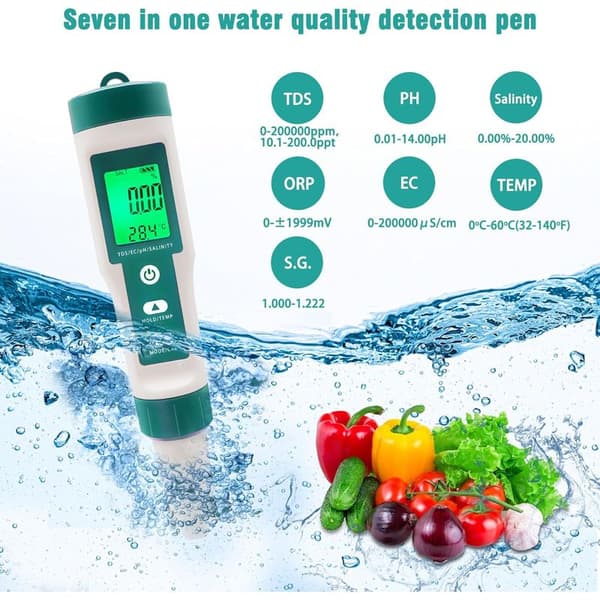 7-in-1 TDS/EC/Salinity/ORP/SG/Temperature/pH Tester, with Backlit pH Meter, High Precision, Suitable for Drinking Water Pools and