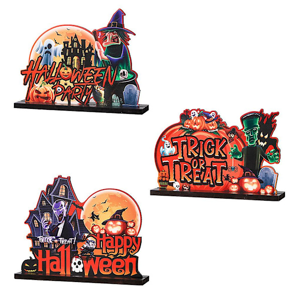 Paket med 3 Happy Halloween Trädekorationer för Bord - Vampyr, Pumpa, Häxa, Trick or Treat