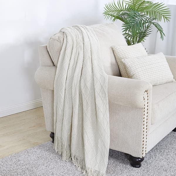 Textured Solid Soft Sofa Cover Sofa Throw Knitted Decorative Blanket, Beige, 127x152cm