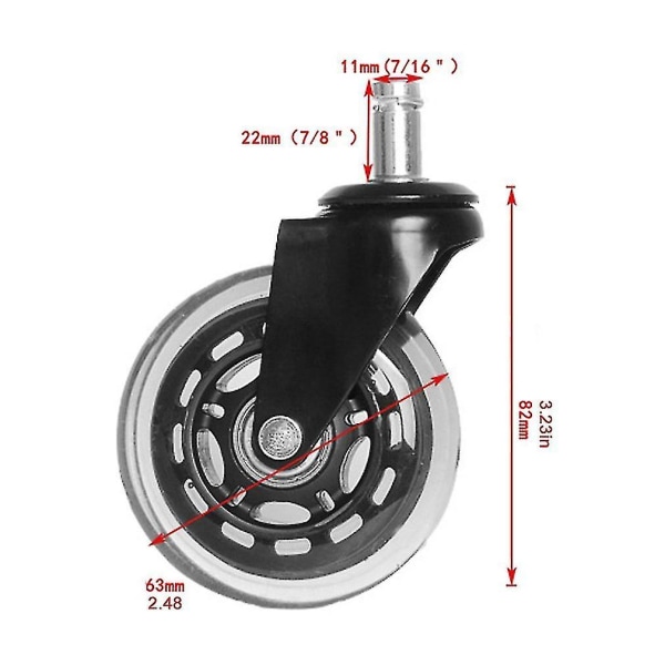 3 tommer PU Universal Hjul Circlip Caster Sort Stærk Belastning Bærende Transparent Hjul Kontorstol Lydløs Hjul Salg