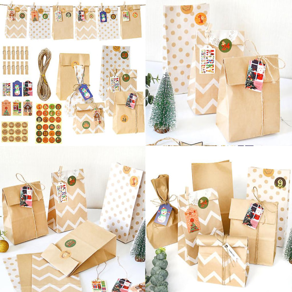 Sæt med 24 jule 1-24 adventskalender Kraftpapir slikposer med etiketholderklistermærker