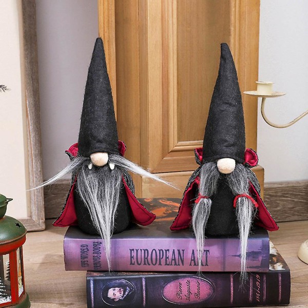 Halloween Håndlaget Tomte Svensk Gnome Ornament med Witch Cape Hat til jul Svart skjegg