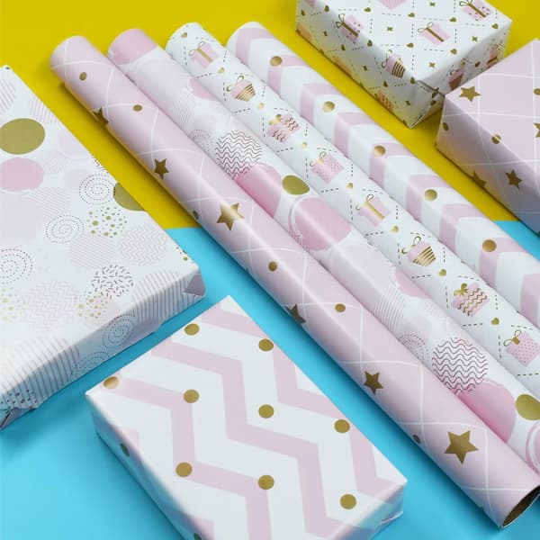 Birthday Gift Wrapping Paper Roll: Recyclable Pink Gift Wrap, 4 Rolls, 43 cm x 3 m