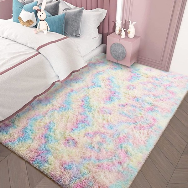 Flickmatta för sovrum Barnrum Lyxig fluffig, supermjuk regnbågsmatta Söt färgglad matta för toddler