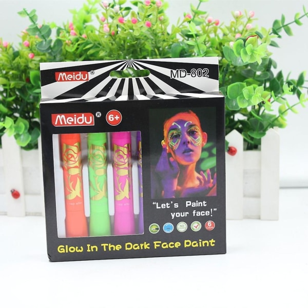 6-pack Glow in the Dark ansiktsfärgkritor UV svart ljus smink Neon ansikte och kroppsfluorescerande set