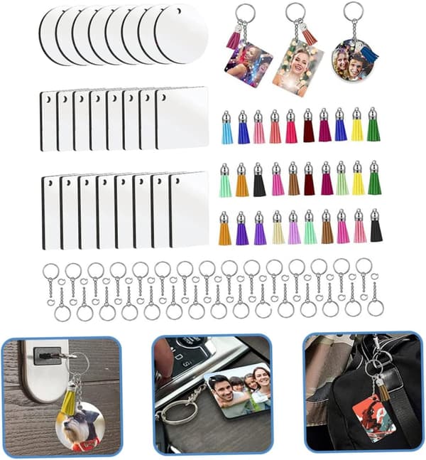 30 Sets DIY Heat Transfer Keychain Blanks Keychains Tassels Sublimation DIY Keychain for Craft Projects