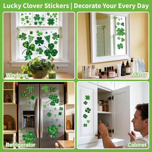 St Patricks Day Window Decals, Reusable Double-Sided Clover Stickers for Glass, Spring Home Office (117 pcs)