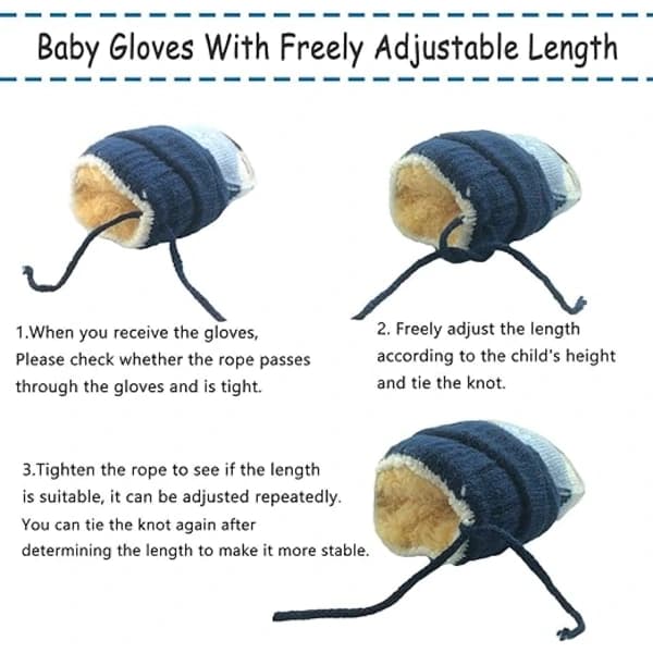 Warm, Thick Knitted Mittens with String for Children Aged 1-3 Years