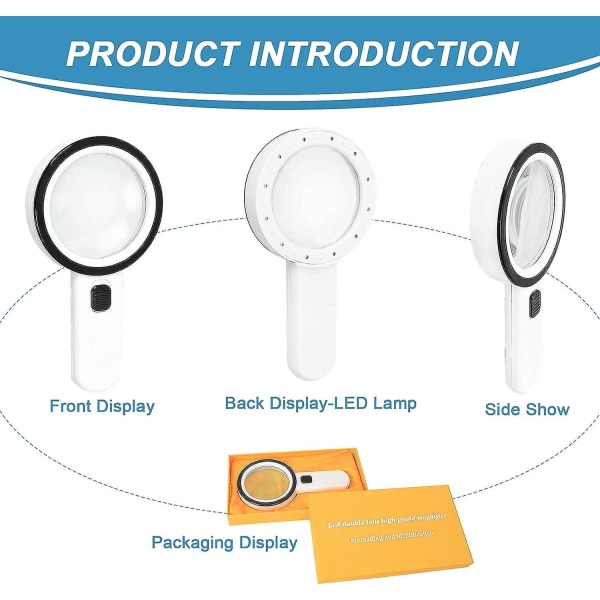 Suurennuslasi 12 LED-valolla, 30x kaksinkertainen lasilinssi käsikäyttöinen valaistu suurennuslasi lukemiseen, kolikoille, postimerkeille