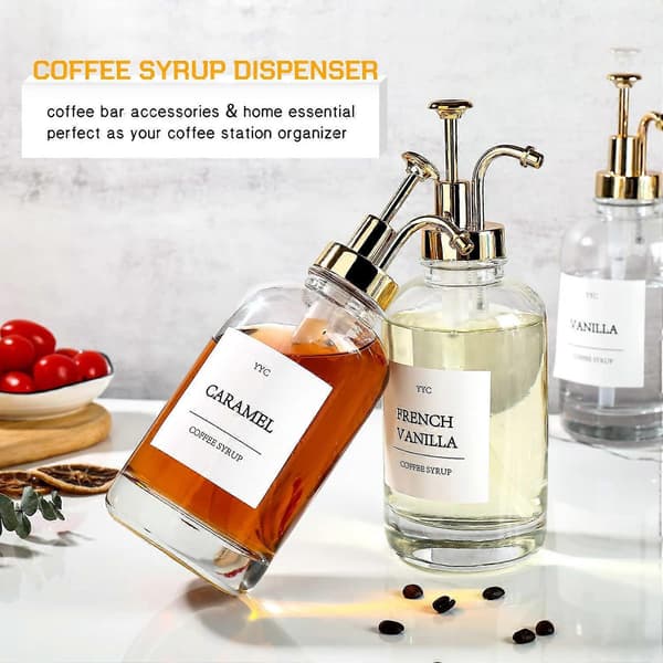 Kaffesyrupdispenser-set med vattentäta etiketter, 16,9 oz glasflaskor med pump, 4-pack för kaffebar