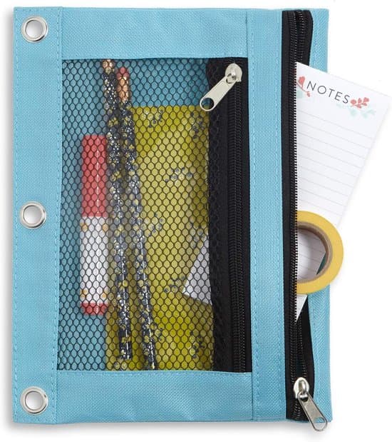 Robust 3-ringars pennfodral – Dubbla blixtlåsfickor, transparent och nät, slitstark nylon, 24x16cm – Aqua Blå – 1 styck