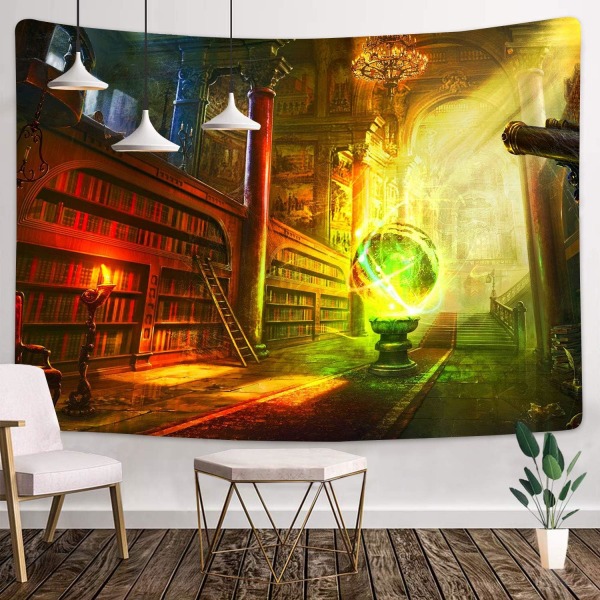 Halloween-veggteppe med heks 73x95CM Retro biblioteksbokhylle magisk kule slott veggteppe for barn voksne romdekorasjon stue