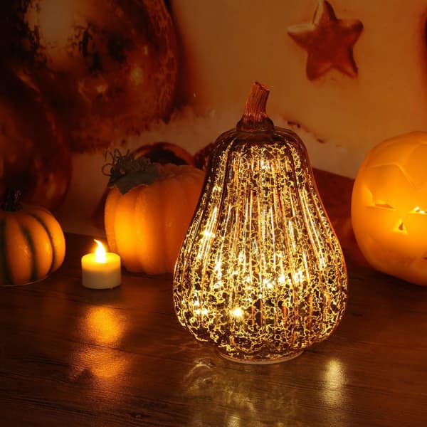 Halloween Glasgræskarlygte med Timer til Efterårsdekoration, 14 x 22 cm