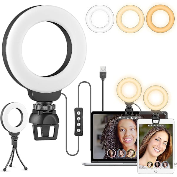 4\" Ringlampa för Laptop med Stativ, Konferensbelysningskit, 3 Ljuslägen Dimbar LED Ringlampa för Möten, Makeup, Selfie, Videoskjutning, Streaming