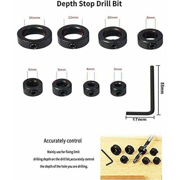 Set of 9 Depth Stops, Positioning Ring, Depth Stop Drill, Positioner, Locator, Drill, Hex Key Ring