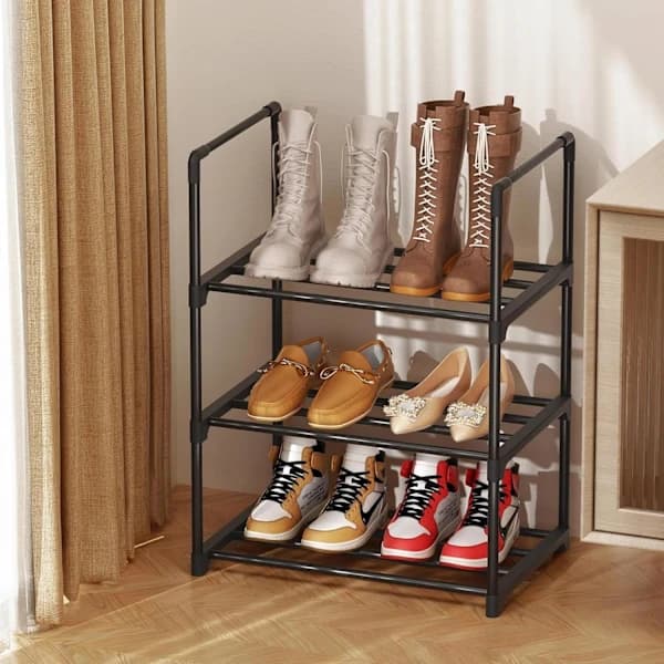 Stackable 3-Tier Small Shoe Rack, Narrow Shoe Storage, Black Shoe Shelf for Hallway, Bedroom, Quick Assembly