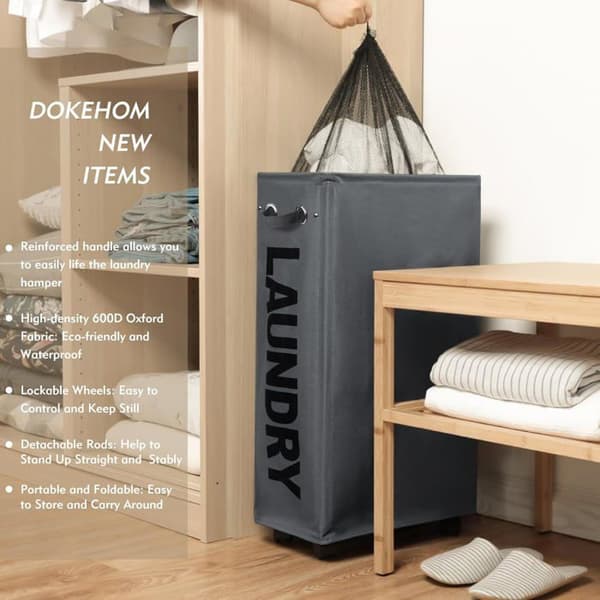 Laundry Basket - 1 Unit - 600D Oxford - Foldable with Wheels - Bathroom Storage - 73.6 cm Grey
