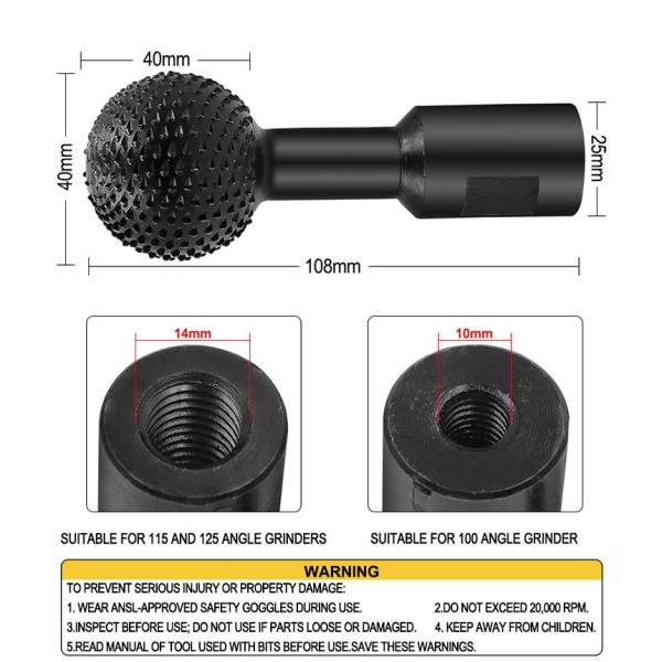 Roterende sfærisk fryser, karbonstål for treskjæring, polering, gravering, boring, slipehode for vinkelsliper 115/125 (14 mm)