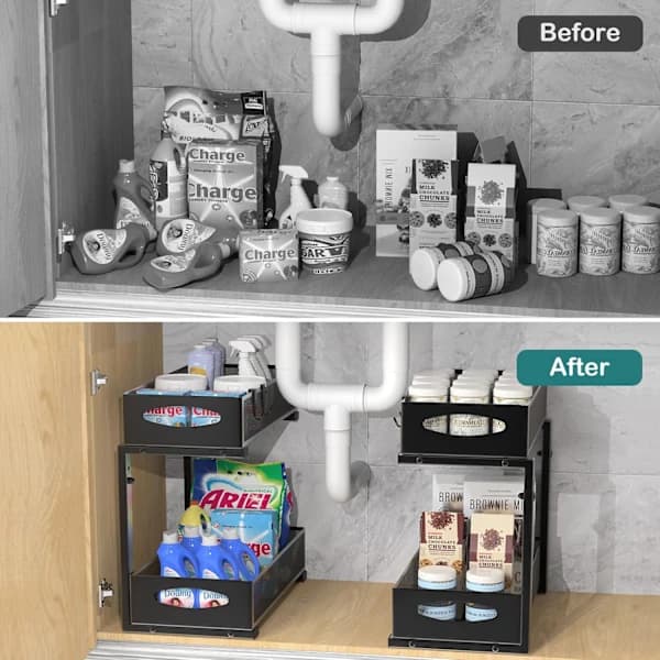 HA~Metal Storage Under Sink, 2-Tier Pull-Out Kitchen Shelf Under Sink with Adjustable Height, Under Sink Organizer