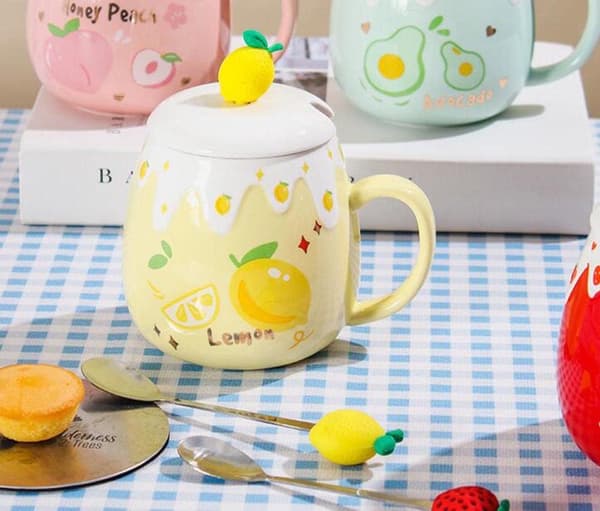 Keramisk Mugg Citron Kaffekopp Vattenkopp med Lock och Sked