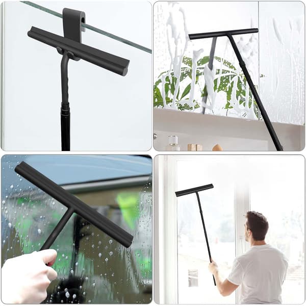 Telescopic Silicone Squeegee 2 in 1 Window and Floor Squeegee with Non-Slip Handle for Glass Tiles Car, Black 33-127 cm