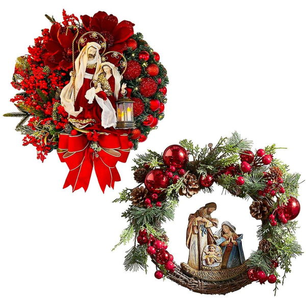 Lighted Christmas Wreath 2 Pieces Nativity Nativity Scene Wreath Christmas Tree Home Front Door Garden Farmhouse Hanging Ornament