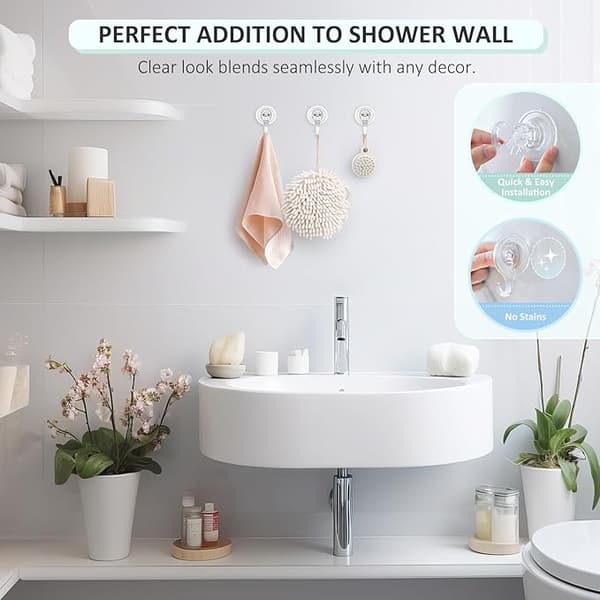 Suction Cup Hooks, Small Suction Cup Hooks for Shower, Heavy Duty, Removable and Reusable, Transparent, 2 pcs