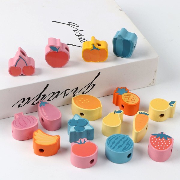 Children's Wooden Animal Fruit Block Beaded Toys Children's Sensory Cognition Learning Educational Toys GiftFruit 16PCS