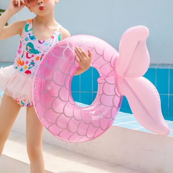 Inflatable Swim Ring PVC Thicker Pink Fishtail Shape Pool Float for 3 to 8 Year Olds